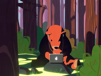 Work from home bear 3d animated animation bear blender3d branding bunny design forest illustration jungle macbook nature slack stay safe typing work from home working