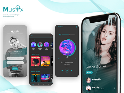 Musix - Music Player mockup adobe xd app design application art artist branding cyan flat login lyrics mockup music music player songs ui ux