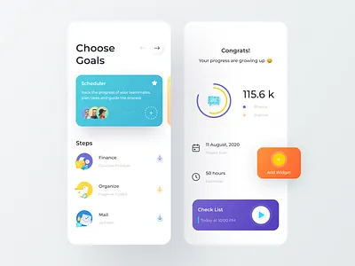 Goals App 3d app chart clean design gradient graphics illustration mail minimal mobile mobile app organize schedule steps team teamwork widgets