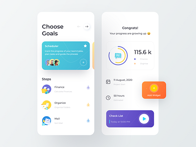 Goals App 3d app chart clean design gradient graphics illustration mail minimal mobile mobile app organize schedule steps team teamwork widgets