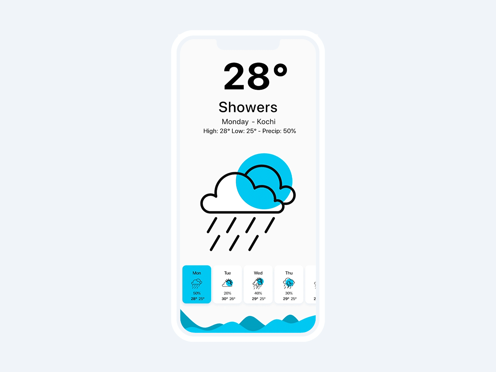 Weather App UI Animation 037 adobexd animation app blue concept dailyui dailyuichallenge design interaction interface light mobile simple ui uidesign ux waves weather weather app