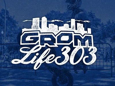 Grom Life 303 logo 303 bikelife branding colorado denver skyline design grom grom squad honda illustration logo moto motorcycle mountains skyline stunt stunt rider wheelie