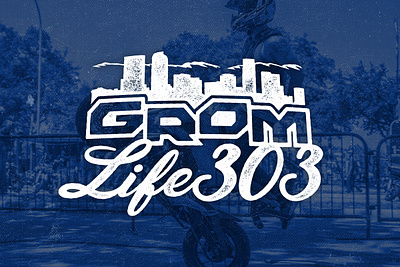 Grom Life 303 logo 303 bikelife branding colorado denver skyline design grom grom squad honda illustration logo moto motorcycle mountains skyline stunt stunt rider wheelie