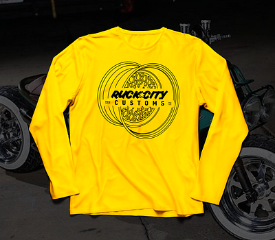 RCC Mens LongTshirt Mockup v1 apparel apparel design custom motorcycles design grom honda illustration logo long sleeve moto motorcycle rim ruckcitycustoms ruckus shirt texas typography vector wheel yellow