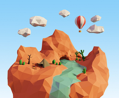 Camping in the Canyon 3d 3d art 3d model 3d modelling blender cactus camping canyon desert hot air balloon hot air balloons low poly low poly lowpolyart nature art puffy clouds river rock tent water