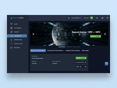 Delta Coin account bitcoin bonus btc casino club coin dark dark ui delta deposit information interface loyalty overview personal ui ui design uiux ux
