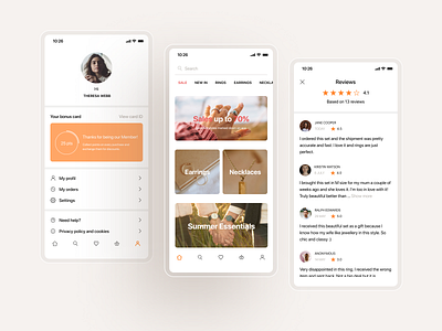 Jewelry - Mobile App app earings ecommerce fashion app jewellery jewelry jewels minimal mobile design necklace orange profile reviews shopping shopping app