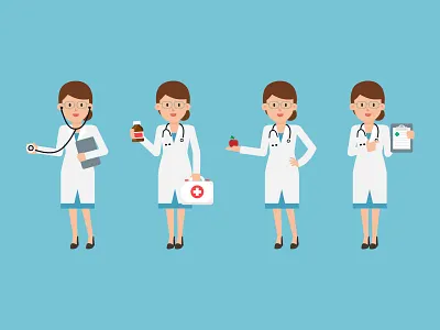 Female Doctor apple character character design clipboard doctor female flat design illustration medicine stethoscope vector