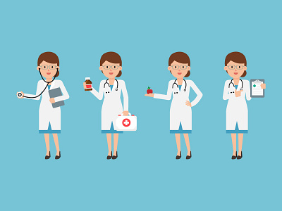 Female Doctor apple character character design clipboard doctor female flat design illustration medicine stethoscope vector