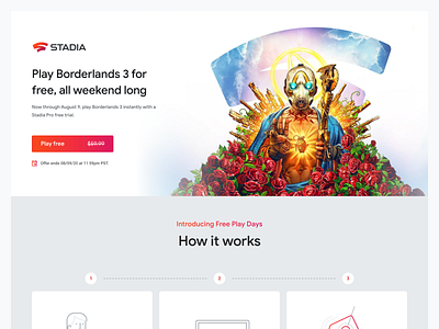 Stadia Free Play Days • Borderlands 3 cta gaming google growth landing marketing ui web