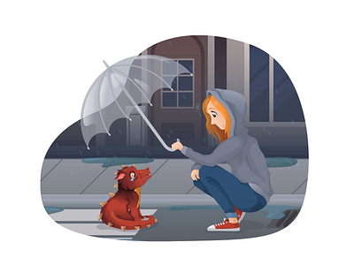 Girl and dragon in the rain adobe illustrator character design dragon drawing flat girl illustraion landscape rain street vectors