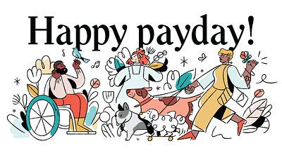 Happy Payday email header for February celebration character characterdesign dogs email flowers gusto illo illustration people representation texture