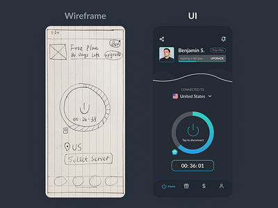 VPN App UI Design appdesign darkmode figma mobiledesign progressbar reward timer ui userexperience ux vpn vpn app wireframe
