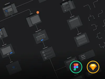 Dark UI Wireflows cards flowchart journeys prototyping ux flow