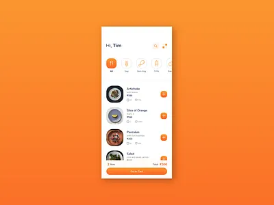 Food App Design Idea. app cafe categories clean design elegant food item like list minimal mobile option orange order price product restaurant search ui