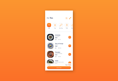 Food App Design Idea. app cafe categories clean design elegant food item like list minimal mobile option orange order price product restaurant search ui