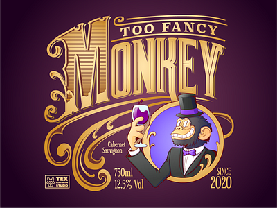 Too Fancy Monkey cartoon character characterdesign creative design drawing illustration label logo typography vector wine