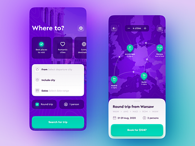 Multicity travel planning app city destination europe flight interaction light map mapping place plant poland purple romantic skeuomorph travel ui ux warsaw web white