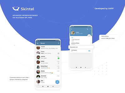 Skintel. Mobile app - Messanger. Based on Telegram android android app app app design application chat chat app chat application chatting contact interaction interface messenger messenger app mobile app mobile ui mobile uiux telegram ui ux web design