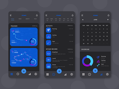 Fitofy app design black theme blue clean design clean ui dark theme diet fitness fitness app gym ios map mobile tracker tracking app training ui ux wellness