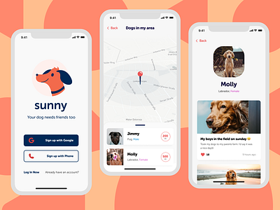Dog Social Network design distance dog emoji like log in logo map mobile mobile app pet poster profile signup