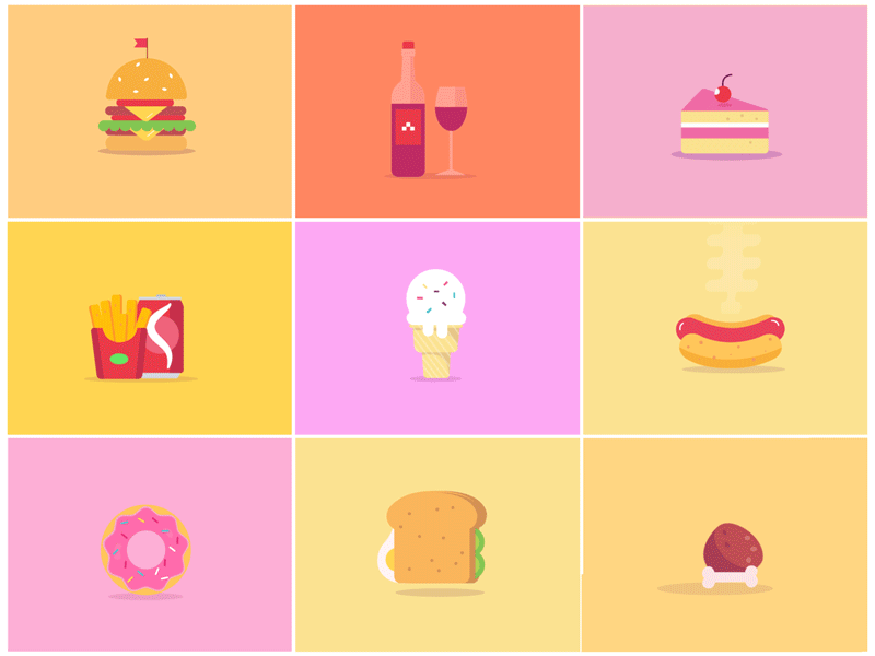 Food icons 2danimation animation animation design colourscheme design icon icons illustrations