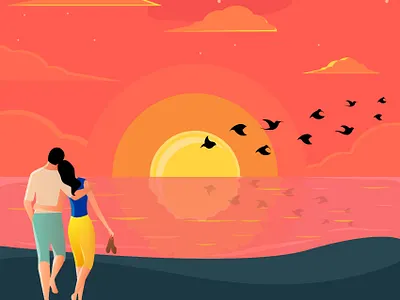 ROMANTIC COUPLE ENJOYING BEAUTIFUL SUNSET VIEW . design bestvector cartoon colors illustration illustrator infinitedesign logo sketch vector vectordrawing