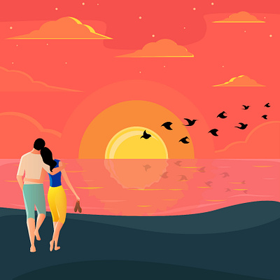 ROMANTIC COUPLE ENJOYING BEAUTIFUL SUNSET VIEW . design bestvector cartoon colors illustration illustrator infinitedesign logo sketch vector vectordrawing