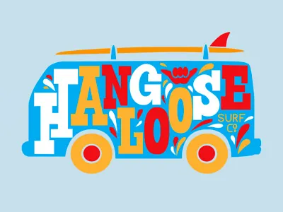 Hangloose Surf Co. 2020 T-Shirt apparel blue bus colorful custom handlettering orange red retro surf surfing typography van vintage