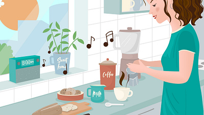 Mornings start with coffee and music character illustration coffee coffee cup illustration for animation milk sugar vector animation vector illustrations video animation