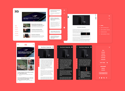 EQ News app wep + mobile adobe xd app blog dark mode design flat illustration mobile ui news red simple design tech typography ui ux webdesign xbox