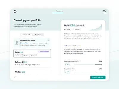 Social Good Retirement Portfolios 401k app benefits cards catch detail finance fintech freelance investing ios ira onboarding product design retirement security setup sheets ui ux