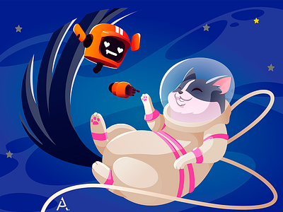 Space cat! art cat cats cg cgart digital flat illustration kids robots space star vector