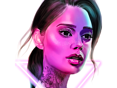 Neon alien beauty big eyes blue girl lights model neon neon lights portrait portrait illustration portraiture purple realistic realistic illustration realistic portrait tattoo vivid