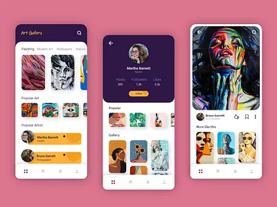Art Gallery App adobexd art gallery artwork illustration art interaction design mobile app mobile app design mobile ui ui design uiux ux desgin vectorart