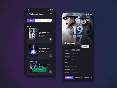 Movie app app clean ui dark app dark mode design illustration minimal purple simple design ui user interface web website