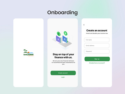 Onboarding , welcome screen , create account, login app design blurred background create account cuberto investment investment app login screen minimal money app onboarding screen product design signup screen ui userinterface ux webdesign welcome screen