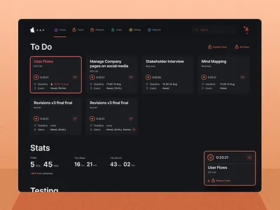 ERP Dashboard billing complete deadline erp header internal menu stats system task timer ui users ux webapp