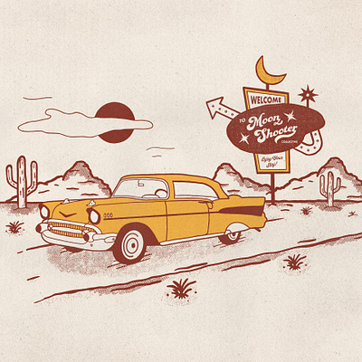 Retro Car & Desert Illustration cactus car illustration desert halftone illustration landscape illustration mid century motel sign retro design southwestern texture typography vintage illustration vintage sign