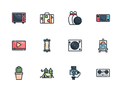 Hobbies and Free Time app cactus camp color design filled filled icon flat free time hobbies hobby icon illustration lifestyle line logo outline set vector vlog