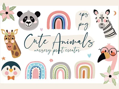 Cute Animals Nursery Print Creator animal animal art animal illustration animal logo animals cute cute animal cute animals cute art cute illustration flowers lettering nurse nursery nursery art nurses nursing print print creator rainbow