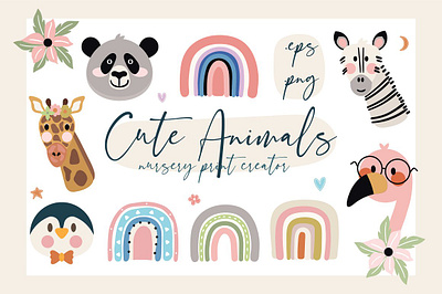 Cute Animals Nursery Print Creator animal animal art animal illustration animal logo animals cute cute animal cute animals cute art cute illustration flowers lettering nurse nursery nursery art nurses nursing print print creator rainbow