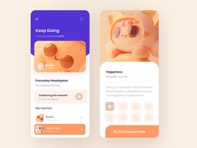 Meditation - mobile app 3d illustration 3d illustration app headspace illustration meditation meditation app mobile app orange purple app ui ui design uixdesign userinterface