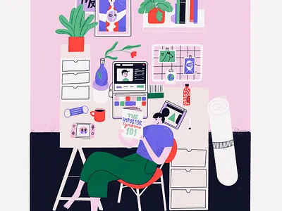 Colorful designer desk character color designer desk home illustration laptop procreate woman work workspace