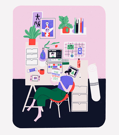 Colorful designer desk character color designer desk home illustration laptop procreate woman work workspace