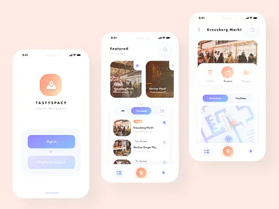 Tastyspacy Indoor Market App branding delivery app design food app illustration interface design navigation app pastel colours ui uidesign uxui