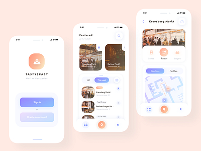 Tastyspacy Indoor Market App branding delivery app design food app illustration interface design navigation app pastel colours ui uidesign uxui