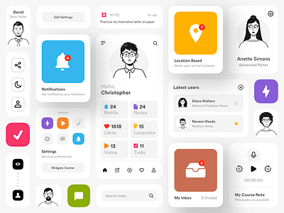 Notez UI Grid app app icons card cards cards ui characters colors design elements flat grid illustration illustrations modal notes notez notifications shadows users