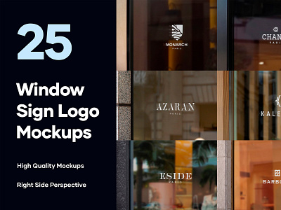 25 Window Signs Logo Mockups - PSD brand branding elegant facade graphic design logo logo mockup luxury luxury brand mockup modern psd shop shop sign sign mockup signage store store mockup store sign window sign