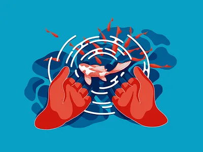 Holding a fish choose design digital digital illustration digital painting drawing fish hands holding illustration lake ripple select water